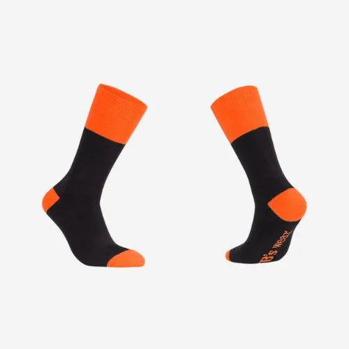Layflat view of BSC 302 mens cotton work socks displaying black base with orange accents and terry padded fabric for cushioning