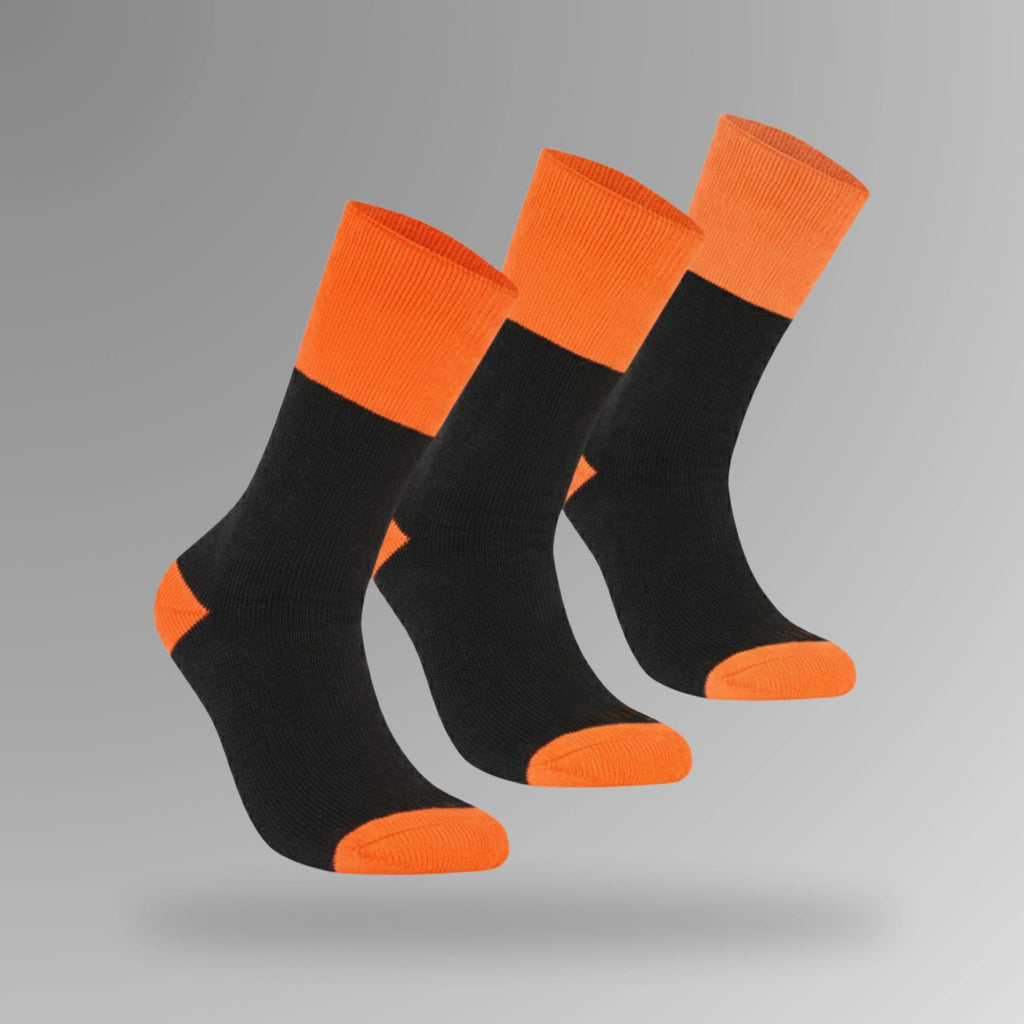 BSC 302 black and orange mens work socks in portrait orientation showing three pack with orange coloured tops and black body construction