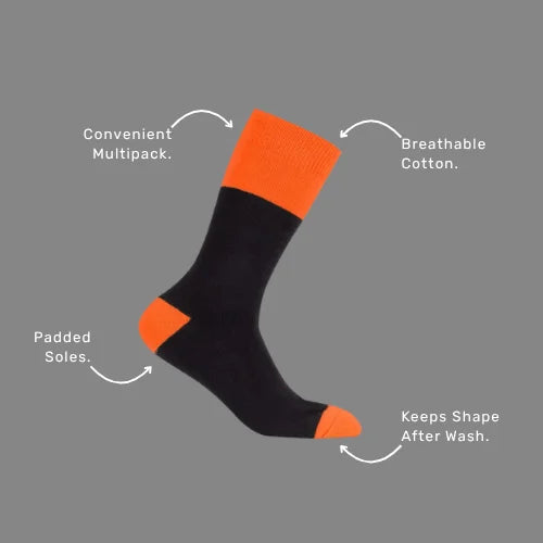 Benefits callout image showing BSC 302 work socks specifications including cotton blend comfort, fully terry construction, and durable materials