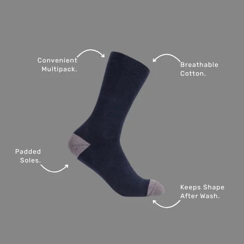 Benefits callout image featuring BSC 303 work socks benefits including cotton blend breathability, terry padding, and durable acrylic nylon construction