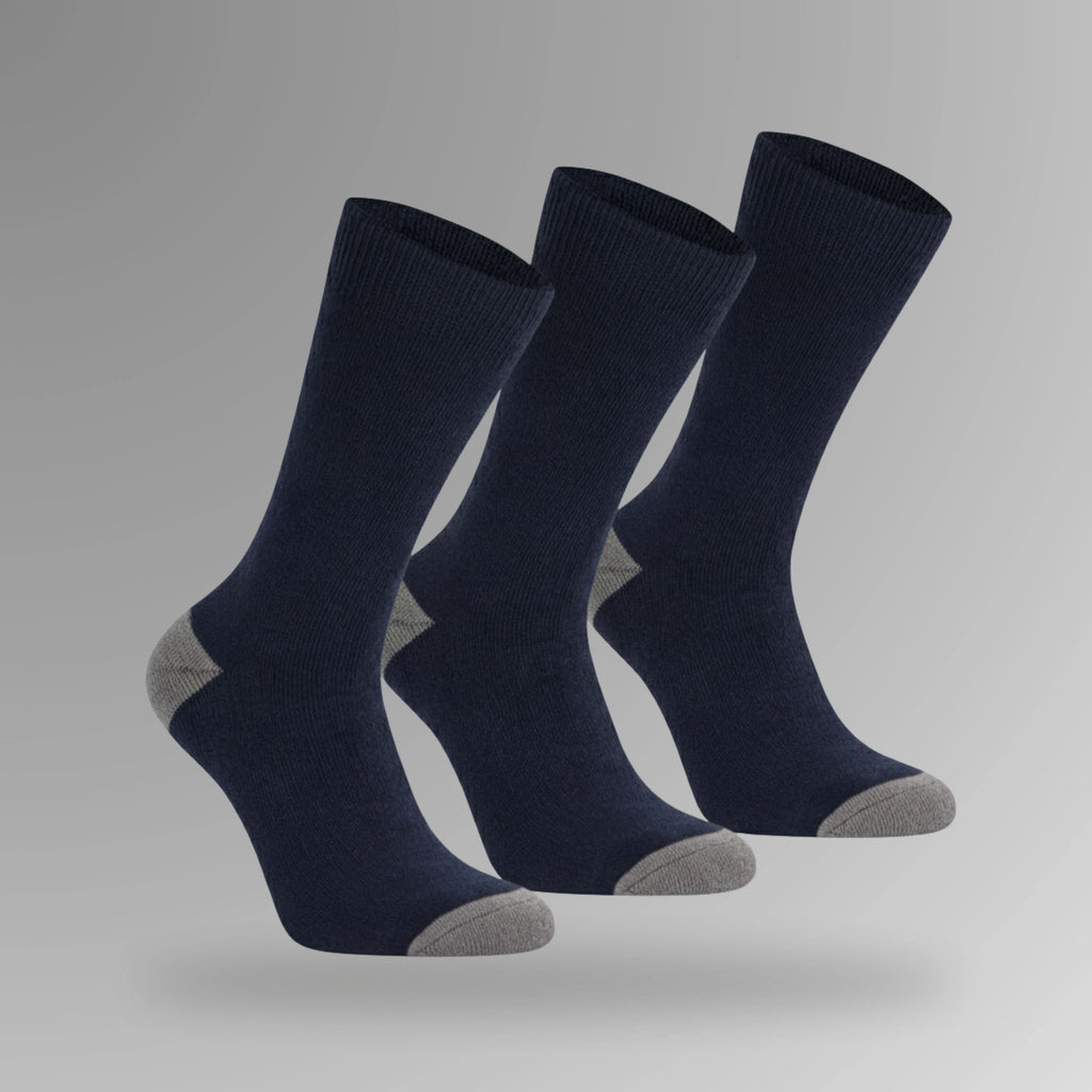 BSC 304 black mens work socks in portrait orientation showing three pack with solid black colour and terry padded construction