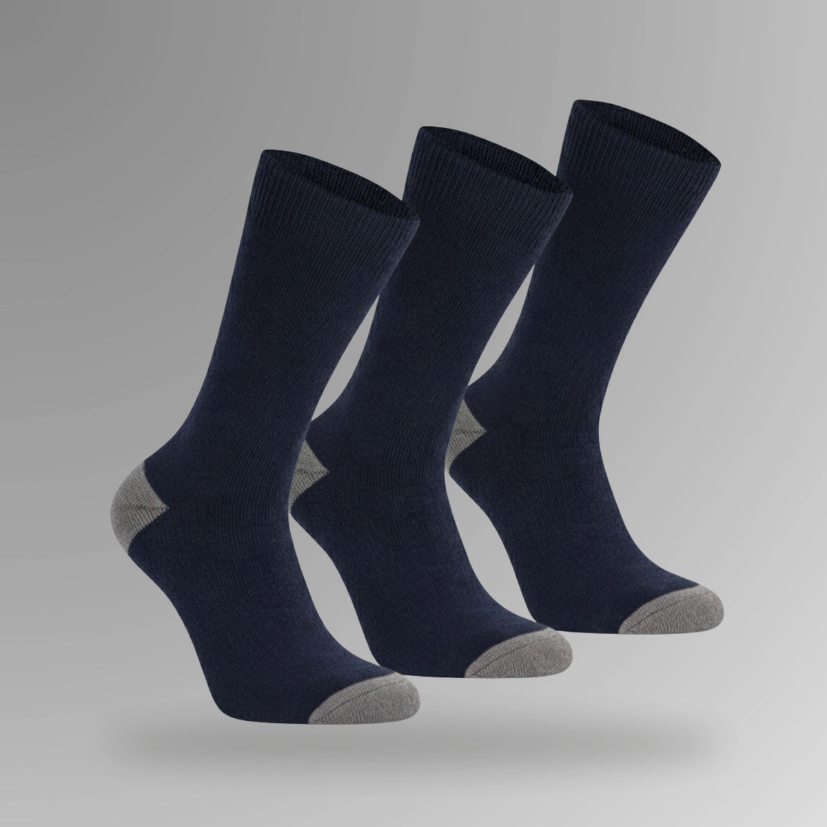 BSC 304 black mens work socks in portrait orientation showing three pack with solid black colour and terry padded construction