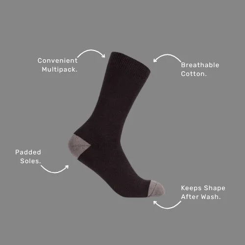 Benefits callout image highlighting BSC 304 work socks features including cotton blend softness, terry cushioning, and reinforced durability