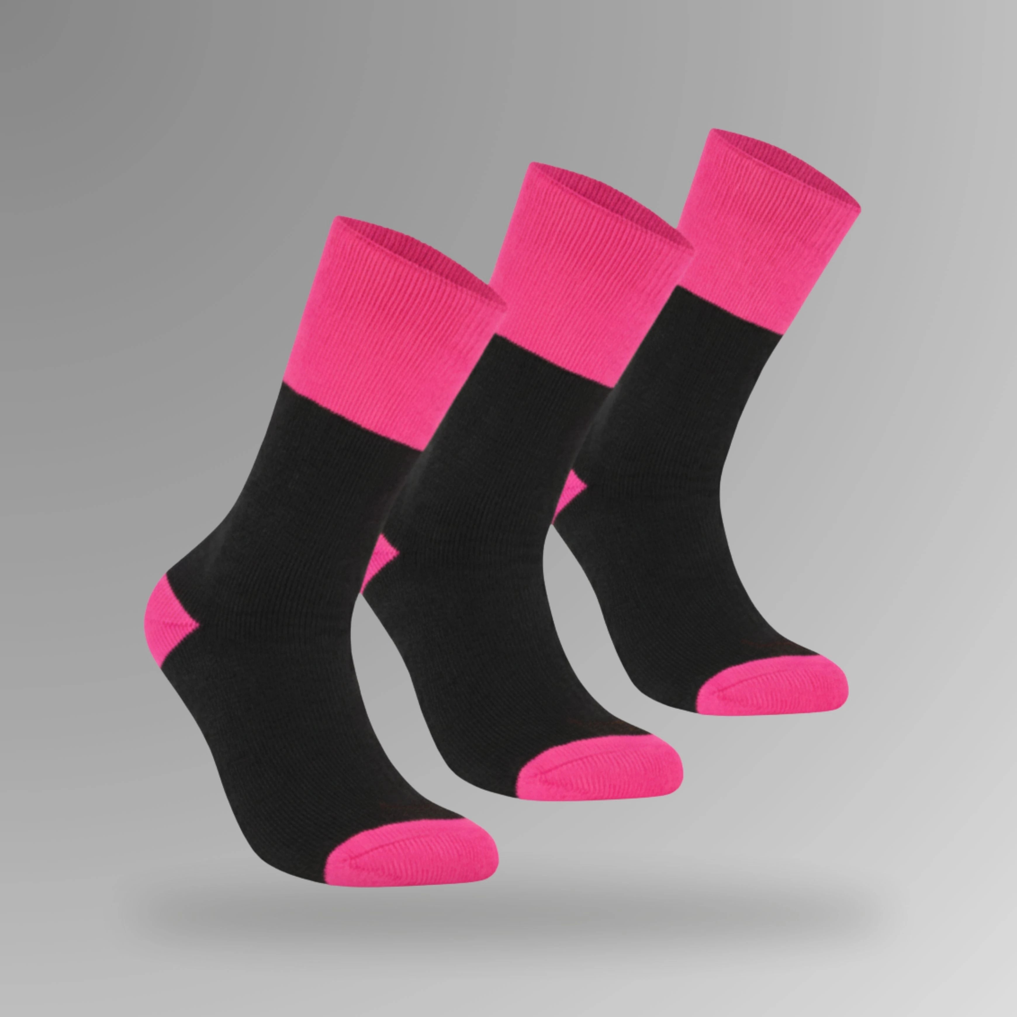 BSC 305 pink womens work socks in upright view showing three pack with hanger and pink coloured construction with terry padding