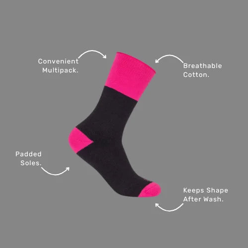 Benefits callout image showing BSC 305 work socks specifications including cotton blend breathability, terry construction, and durable acrylic nylon mix