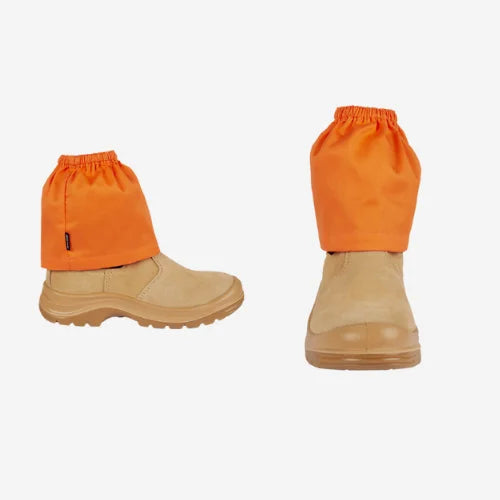 Layflat display of BSC 306 orange cotton boot cover featuring 190gsm cotton drill fabric with elastic band for secure fit