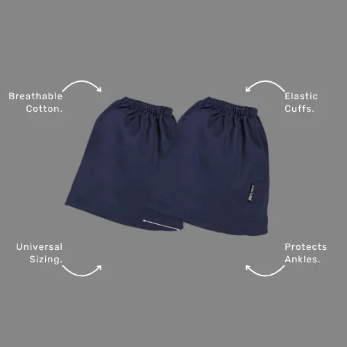 Benefits callout image showing BSC 307 boot cover specifications including durable cotton drill material, universal sizing, and cleanroom suitability