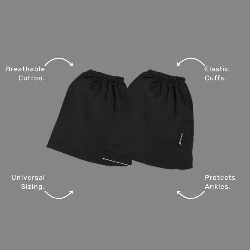  Benefits callout image featuring BSC 308 boot cover benefits including durable cotton drill material, one size fits most design, and floor protection capability