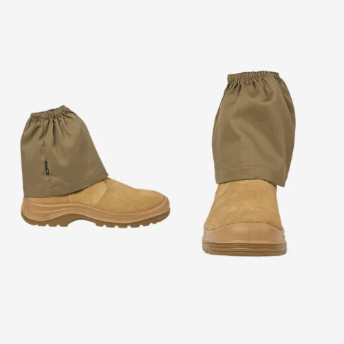 Layflat view of BSC 309 khaki cotton boot cover displaying 190gsm cotton drill fabric with elastic band for secure fit on various footwear