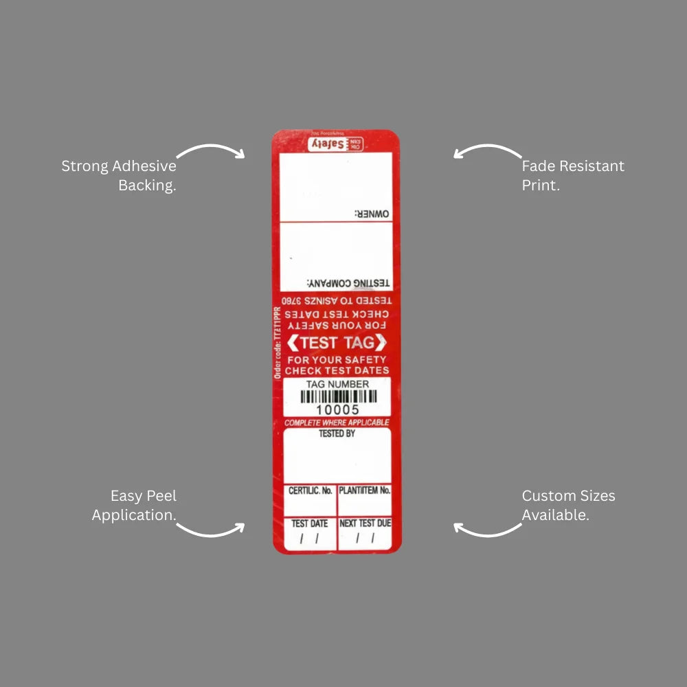 Benefits callout highlighting BSL 102 red test and tag label indoor electrical safety tracking features