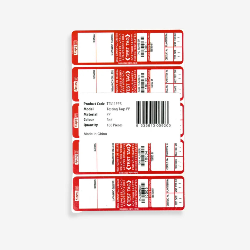 BSL 102 red test and tag label laid flat showing full 30 x 110mm dimensions and recording sections