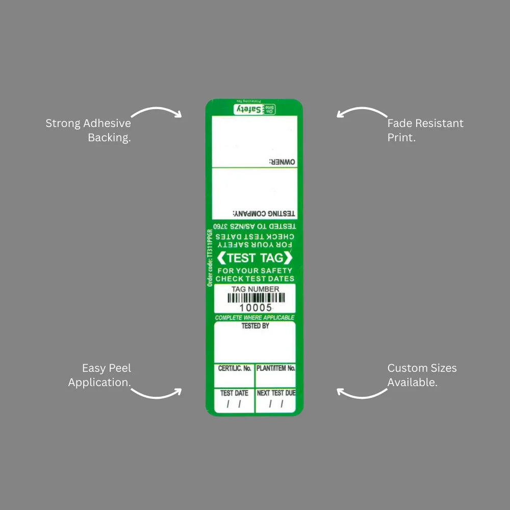 Benefits callout presenting BSL 103 green test and tag label compliance logging and safety recording capabilities