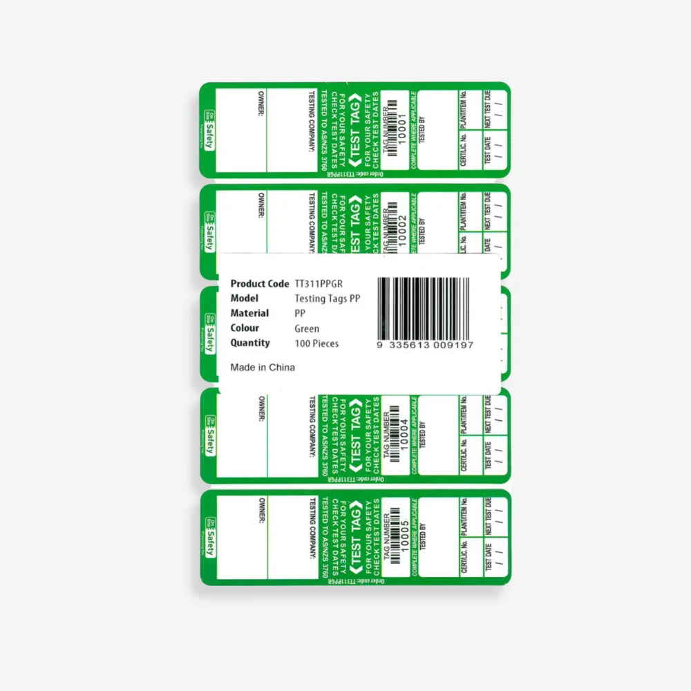 BSL 103 green test and tag label shown flat revealing complete dimensions and data entry areas