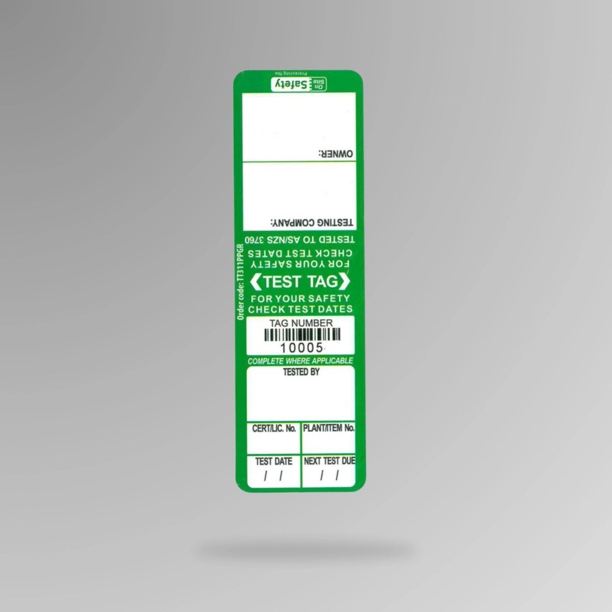 Green BSL 103 test and tag indoor label displayed upright showing electrical equipment testing fields