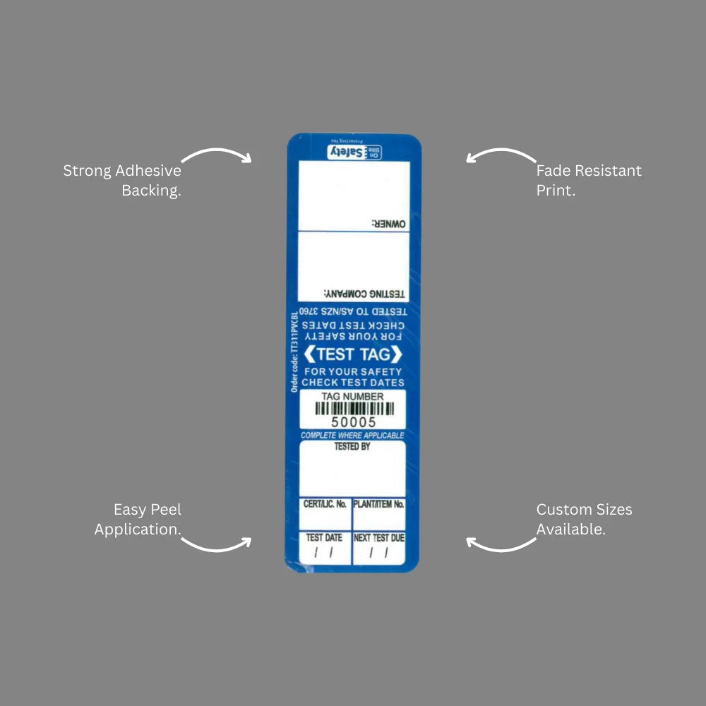 Benefits callout demonstrating BSL 104 blue test and tag label equipment marking and safety confirmation features