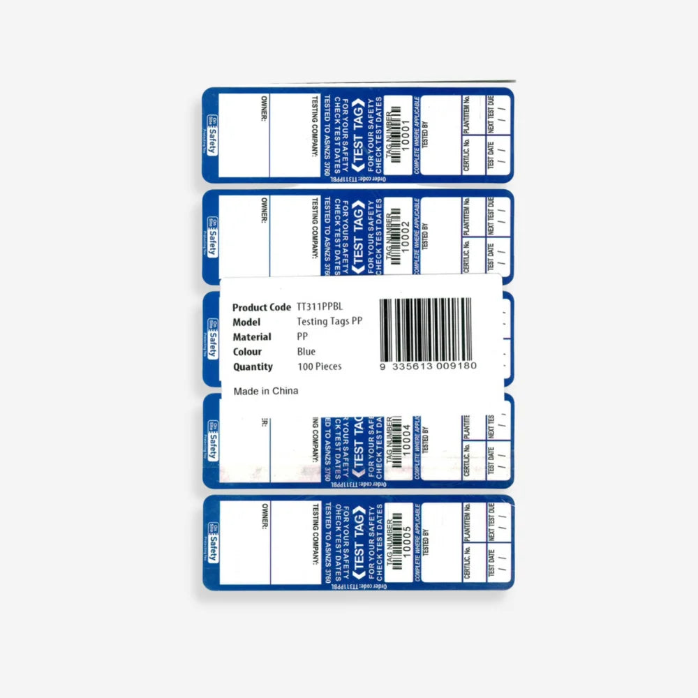 BSL 104 blue test and tag label laid flat showing full 30 x 110mm size and testing data sections