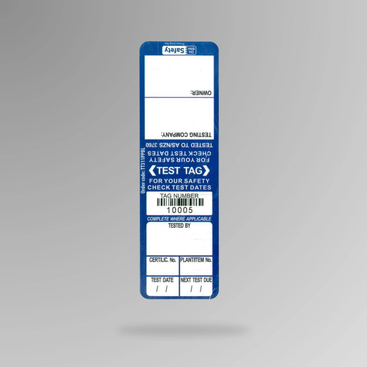 Blue BSL 104 test and tag indoor label shown upright displaying electrical inspection recording surface