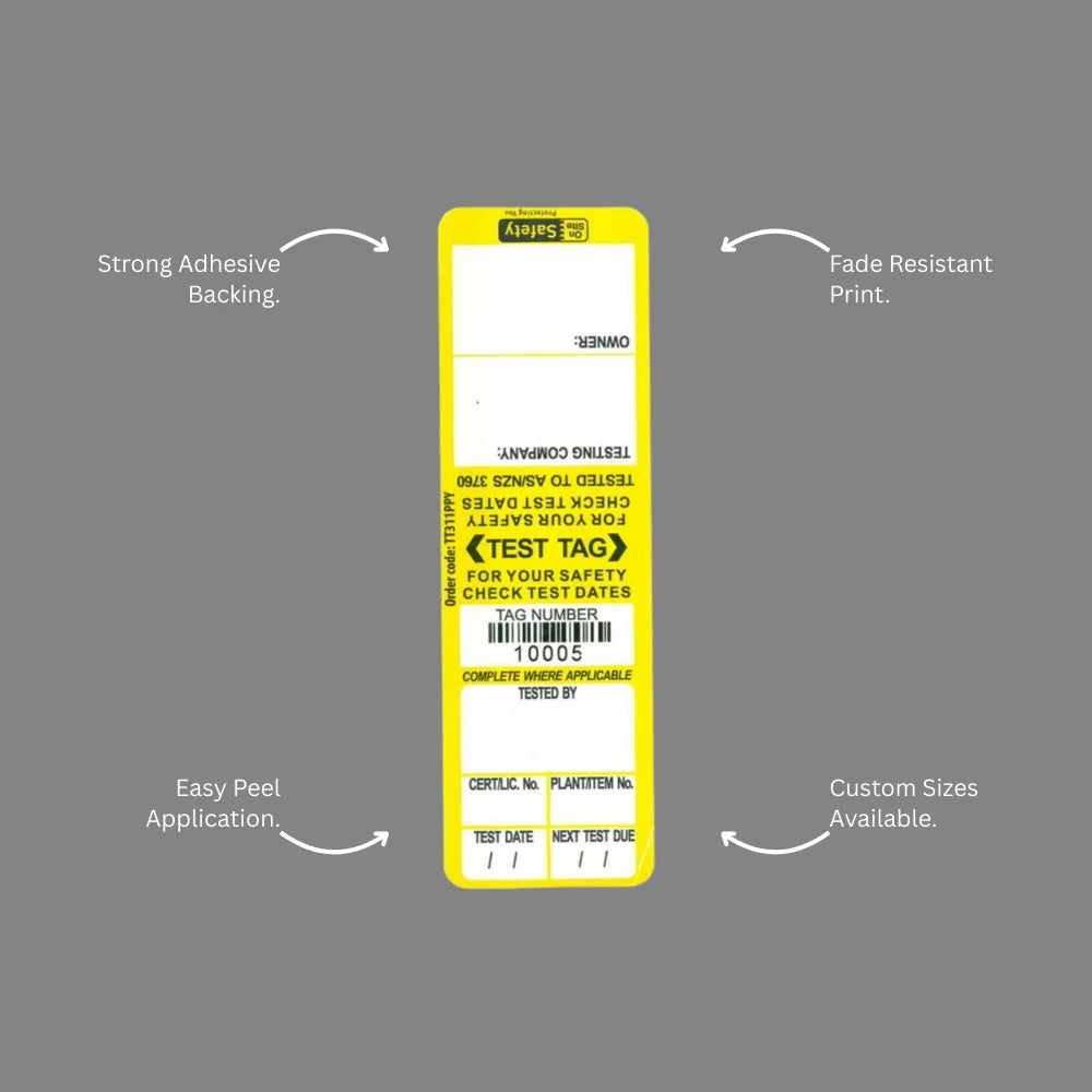 Benefits callout highlighting BSL 105 yellow test and tag label inspection recording and safety proof features