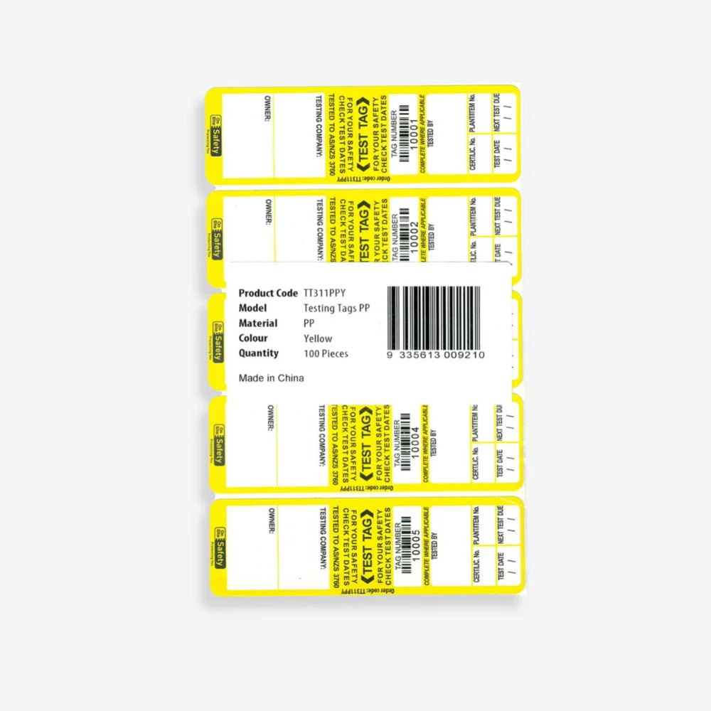 BSL 105 yellow test and tag label shown flat revealing entire writable surface and label dimensions