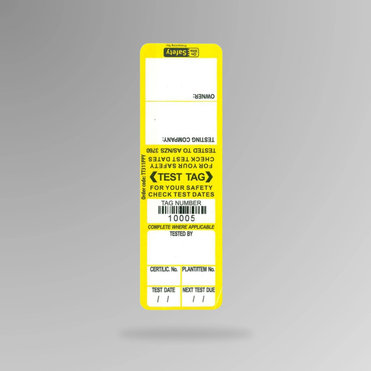Yellow BSL 105 test and tag indoor label displayed upright showing electrical testing tracking fields