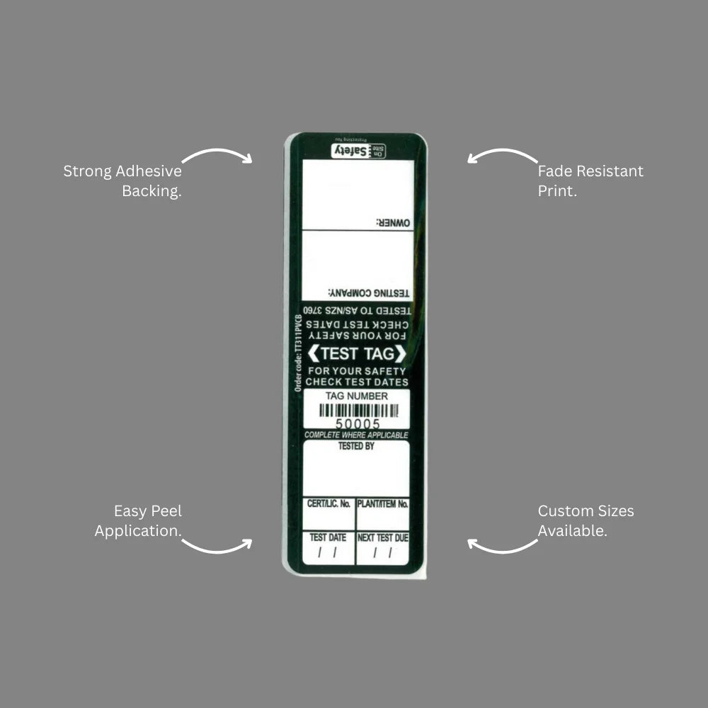 Benefits callout presenting BSL 106 black test and tag label equipment identification and test tracking capabilities
