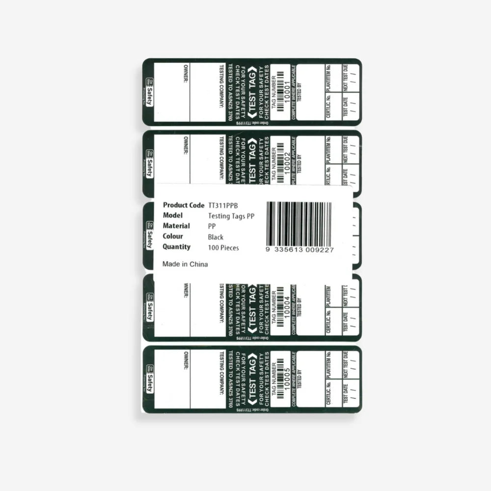 BSL 106 black test and tag label laid flat showing full 30 x 110mm dimensions and recording areas
