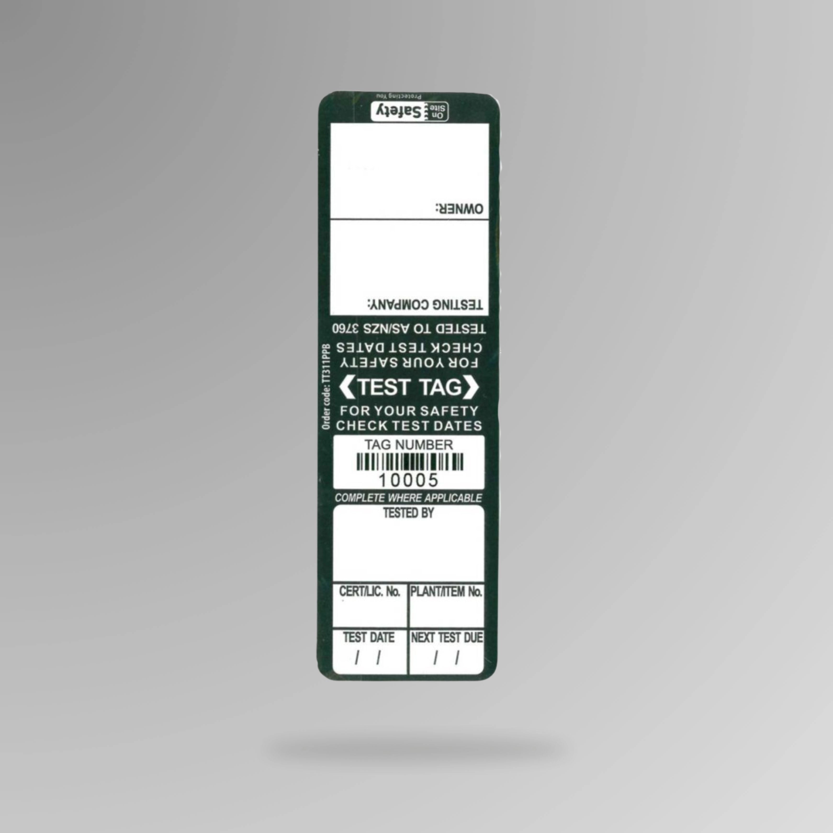 Black BSL 106 test and tag indoor label shown upright displaying clear electrical testing data fields