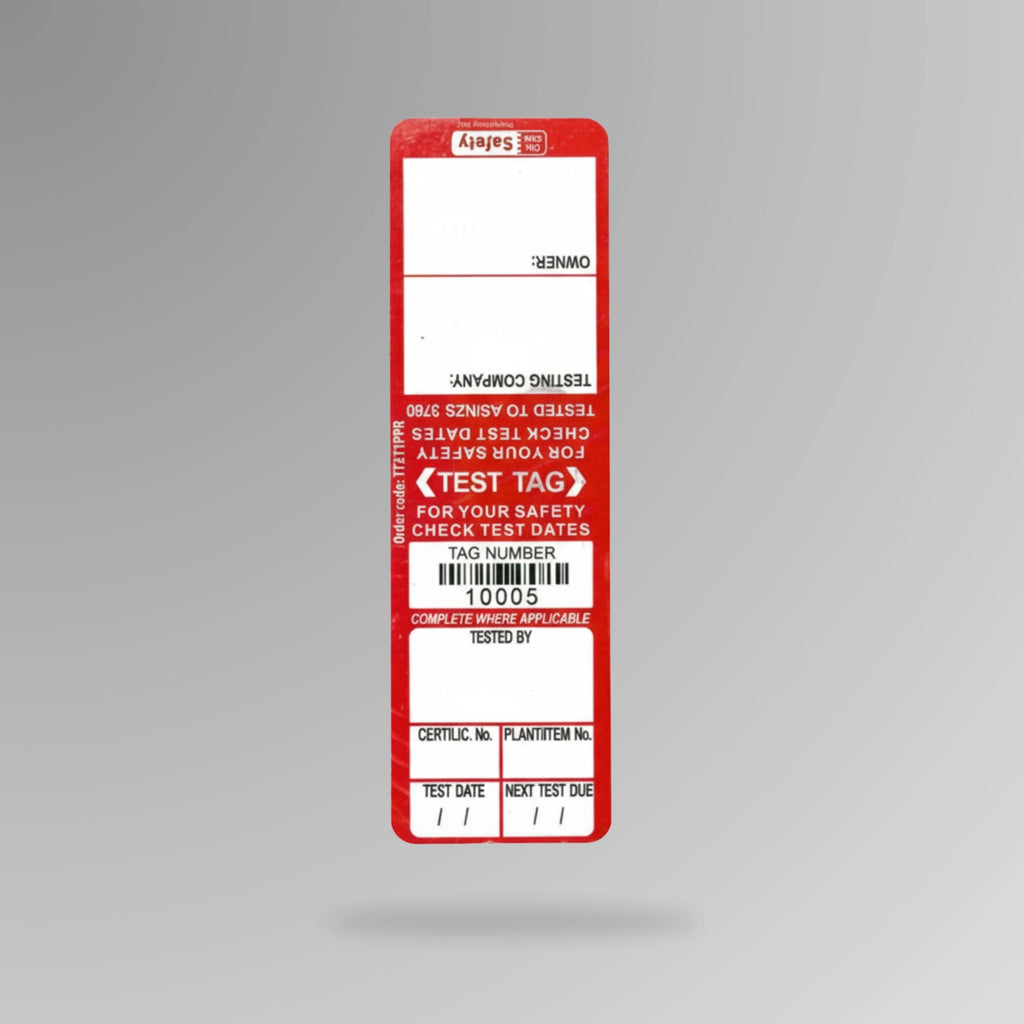 Red BSL 107 weather resistant test and tag label shown upright displaying durable construction and testing fields