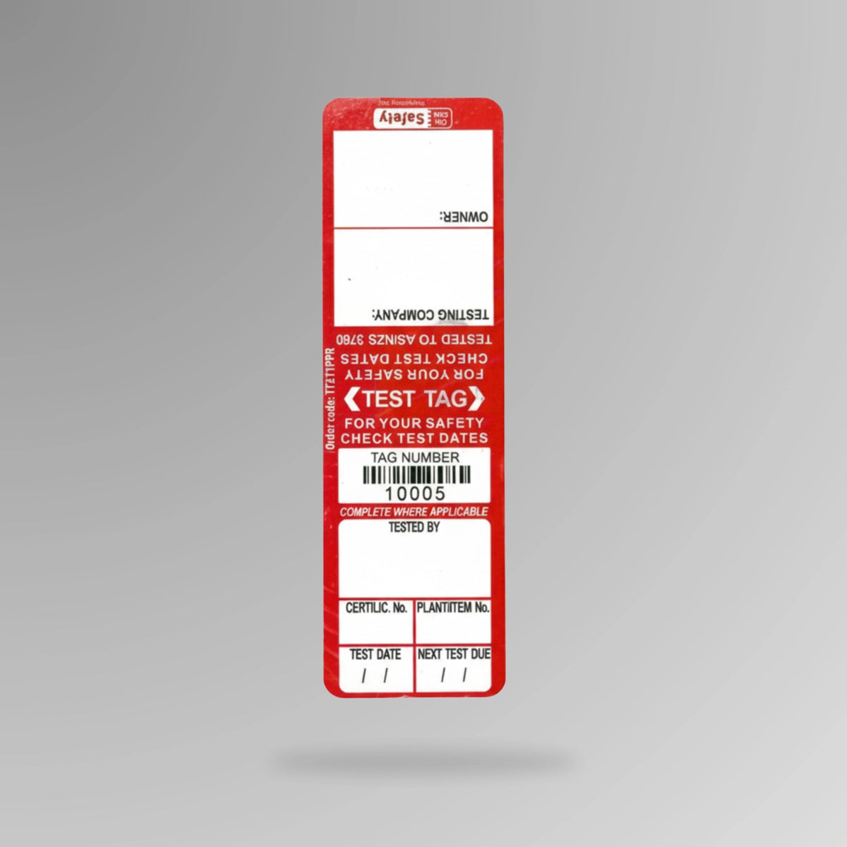 Red BSL 107 weather resistant test and tag label shown upright displaying durable construction and testing fields