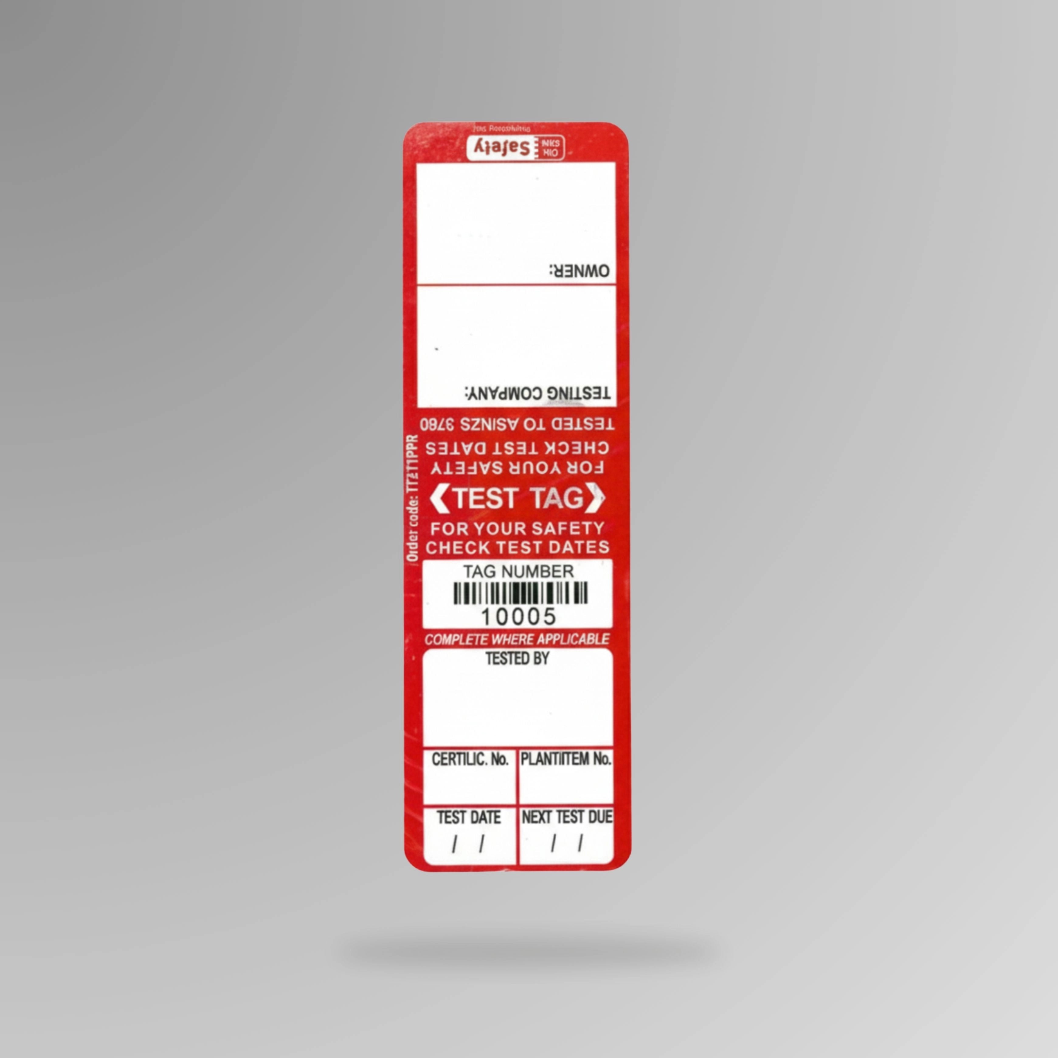 Red BSL 107 weather resistant test and tag label shown upright displaying durable construction and testing fields