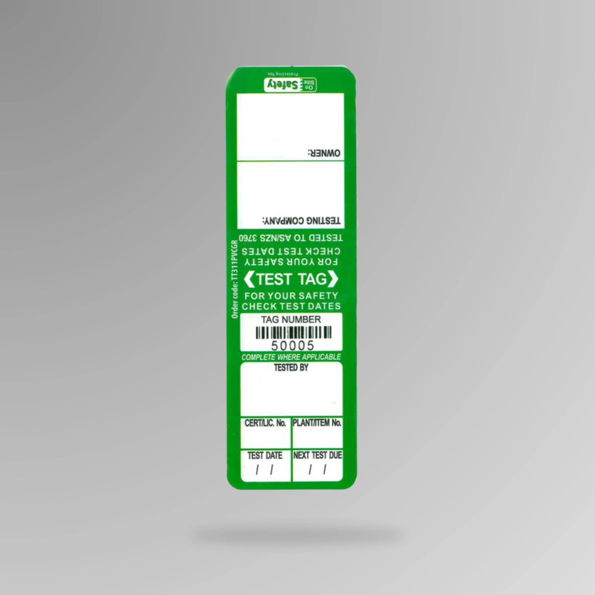Green BSL 108 weather resistant test and tag label displayed upright showing outdoor rated construction and data fields