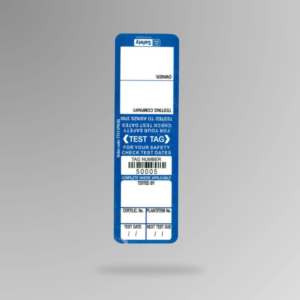 Blue BSL 109 weather resistant test and tag label shown upright displaying robust material and electrical testing fields