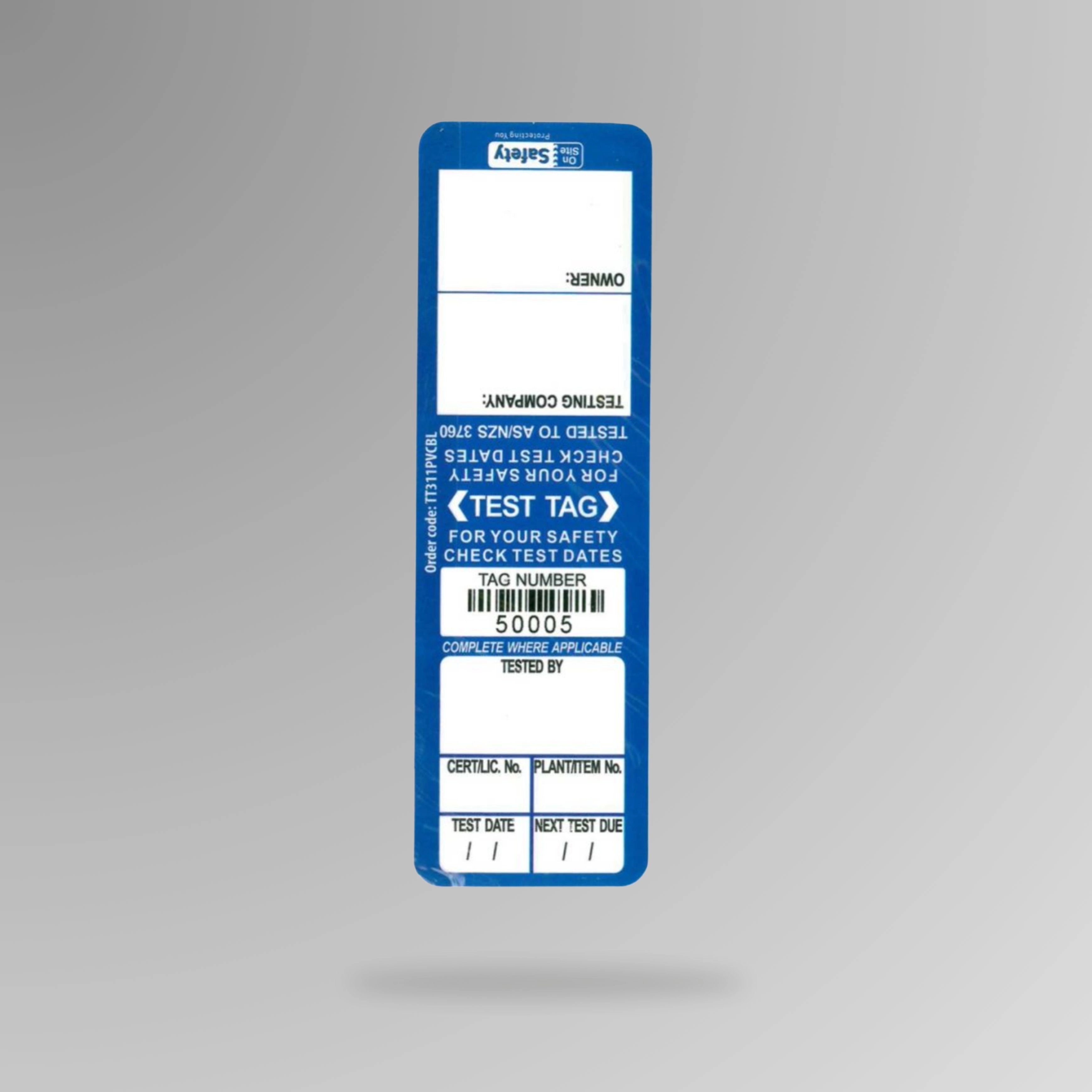 Blue BSL 109 weather resistant test and tag label shown upright displaying robust material and electrical testing fields