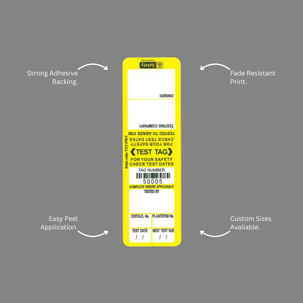 Benefits callout highlighting BSL 110 yellow weather resistant label outdoor protection and electrical safety logging features