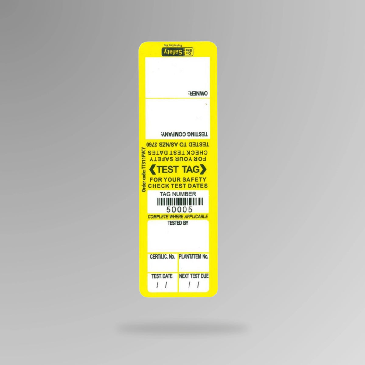Yellow BSL 110 weather resistant test and tag label displayed upright showing weatherproof construction and inspection tracking fields