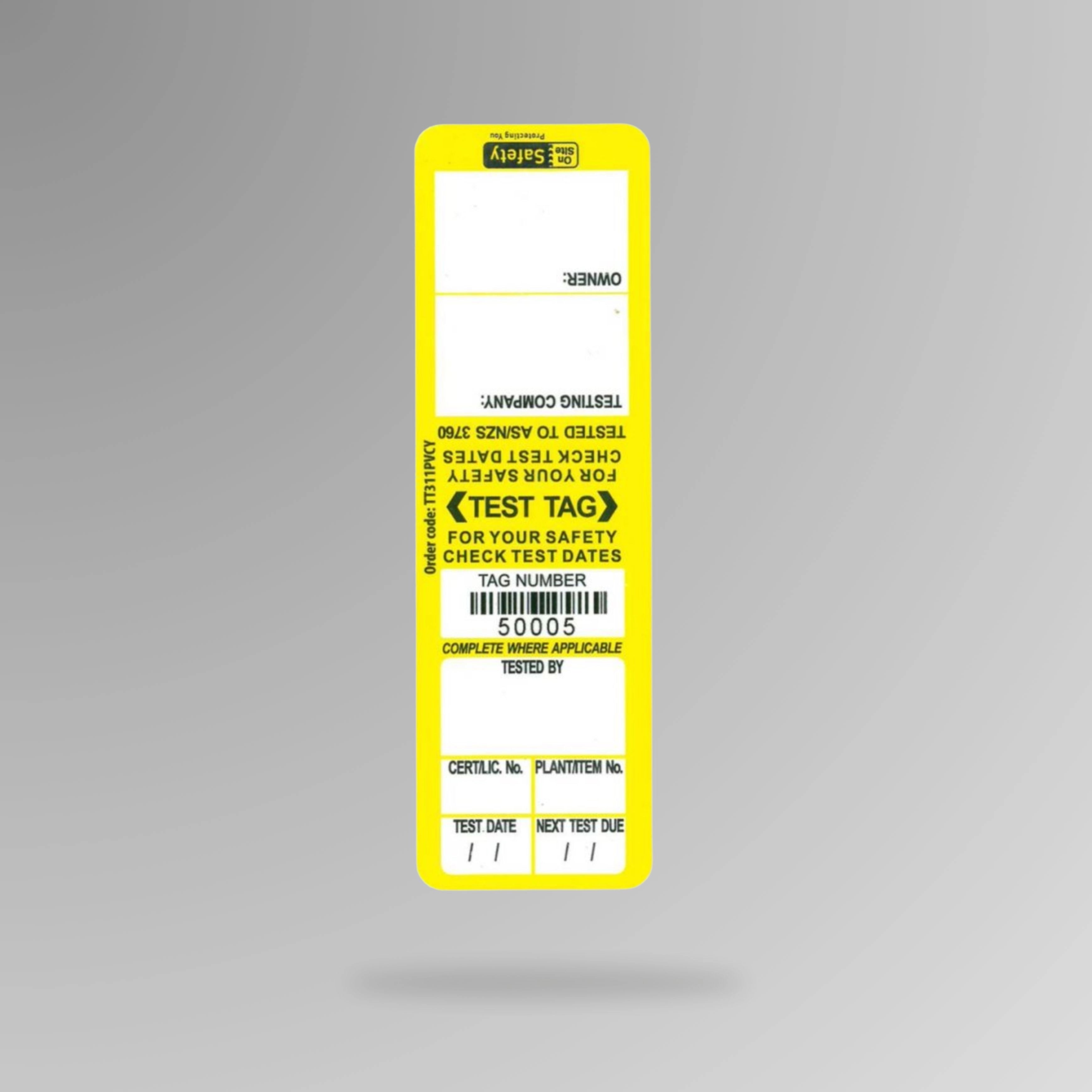 Yellow BSL 110 weather resistant test and tag label displayed upright showing weatherproof construction and inspection tracking fields