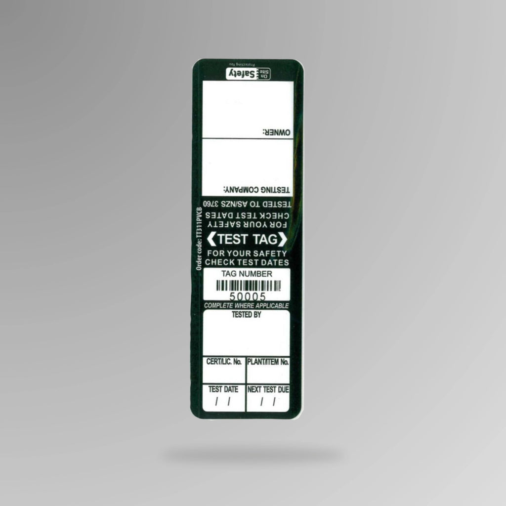 Black BSL 111 weather resistant test and tag label shown upright displaying heavy duty construction and asset tracking fields