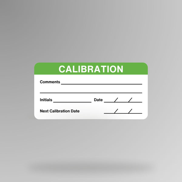 BSL 112 Outdoor Calibration Adhesive Labels in green shown upright, displaying fields for comments, initials, date and next calibration date on a white background with green header