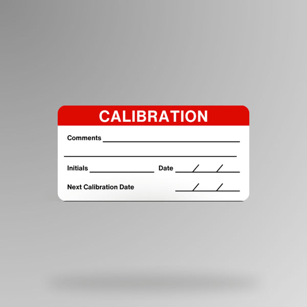 BSL 112 outdoor calibration adhesive label in red shown upright, displaying fields for comments, initials, date and next calibration date on a white background with red header