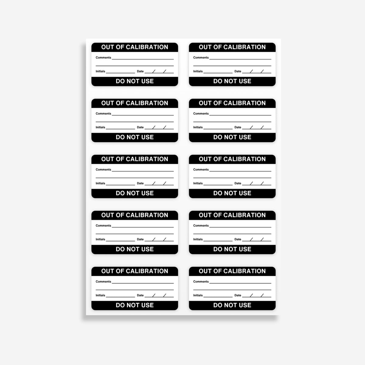 Sheet of BSL 113 out of calibration labels laid flat showing 10 black labels per sheet with Out of Calibration header and Do Not Use footer clearly visible