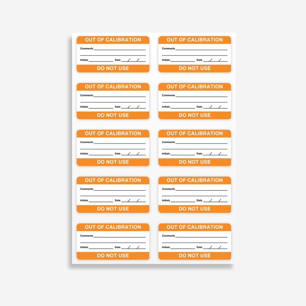 Sheet of BSL 113 out of calibration labels laid flat showing 10 orange labels per sheet with Out of Calibration header and Do Not Use footer clearly visible