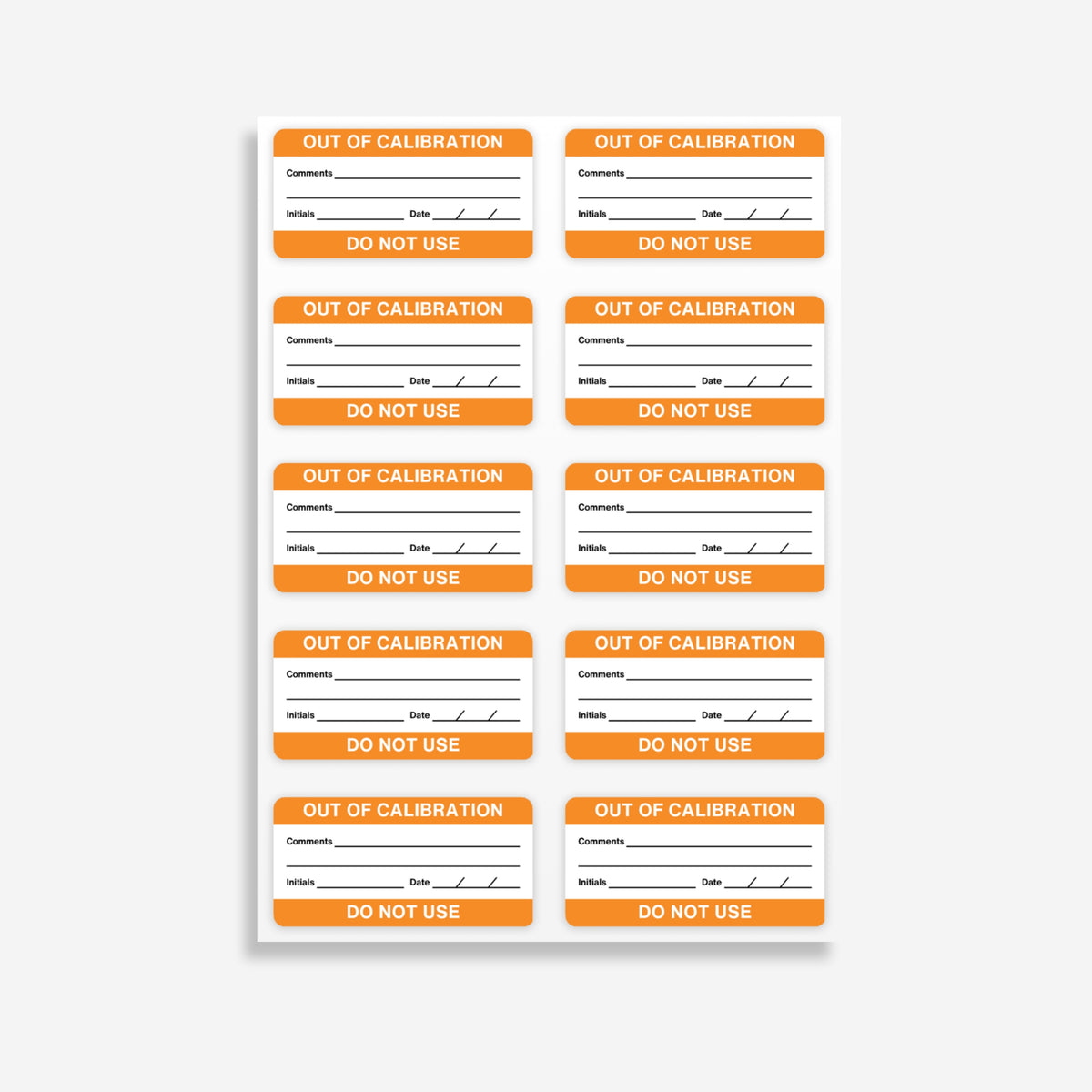 Sheet of BSL 113 out of calibration labels laid flat showing 10 orange labels per sheet with Out of Calibration header and Do Not Use footer clearly visible