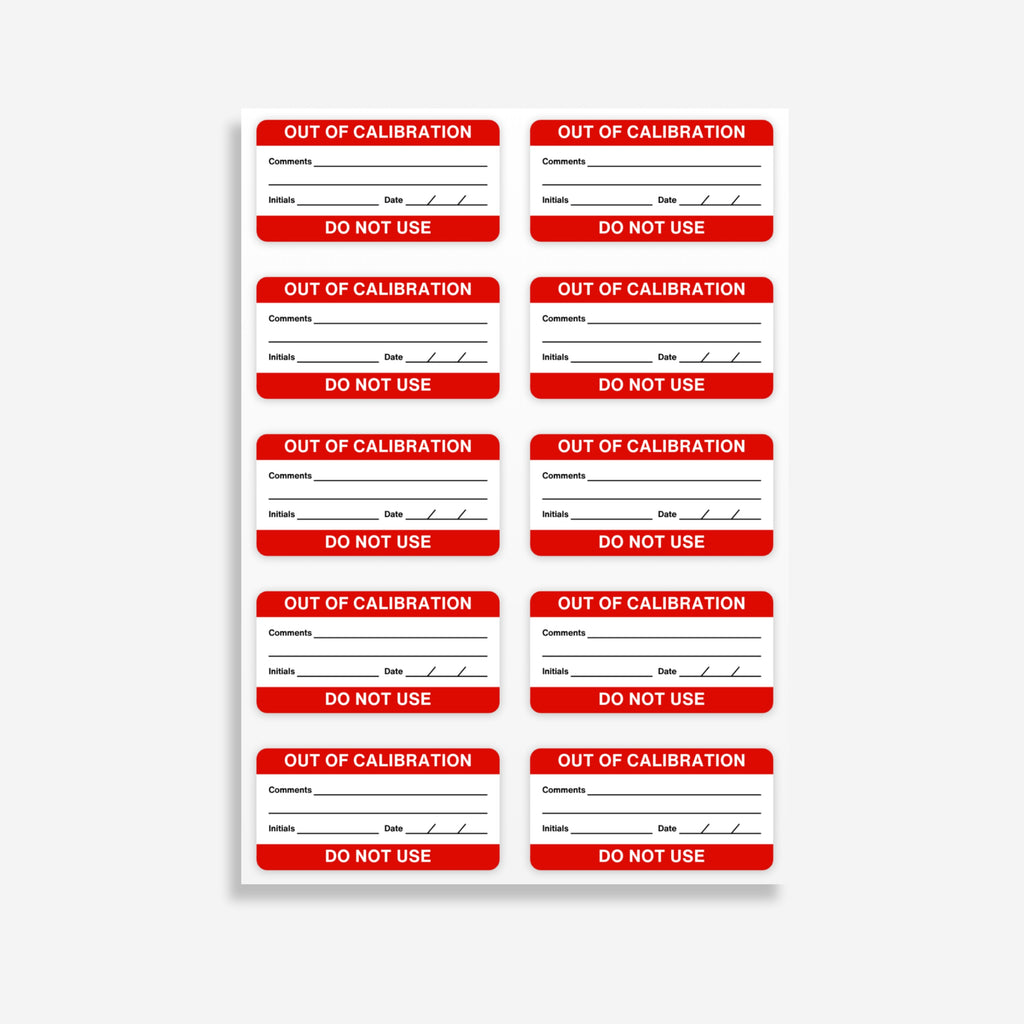 Sheet of BSL 113 out of calibration labels laid flat showing 10 red labels per sheet with Out of Calibration header and Do Not Use footer clearly visible
