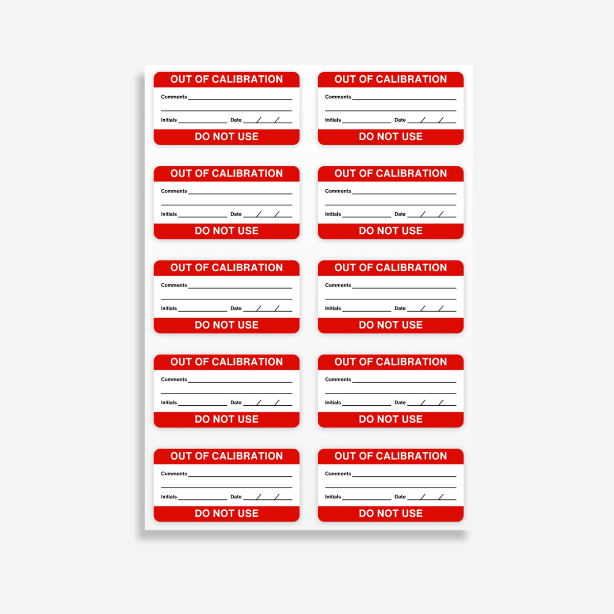 Sheet of BSL 113 out of calibration labels laid flat showing 10 red labels per sheet with Out of Calibration header and Do Not Use footer clearly visible