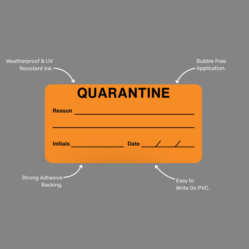 BSL 115 quarantine label with callout annotations highlighting UV resistant waterproof ink, strong PVC adhesive, high visibility orange colour, and bubble free application