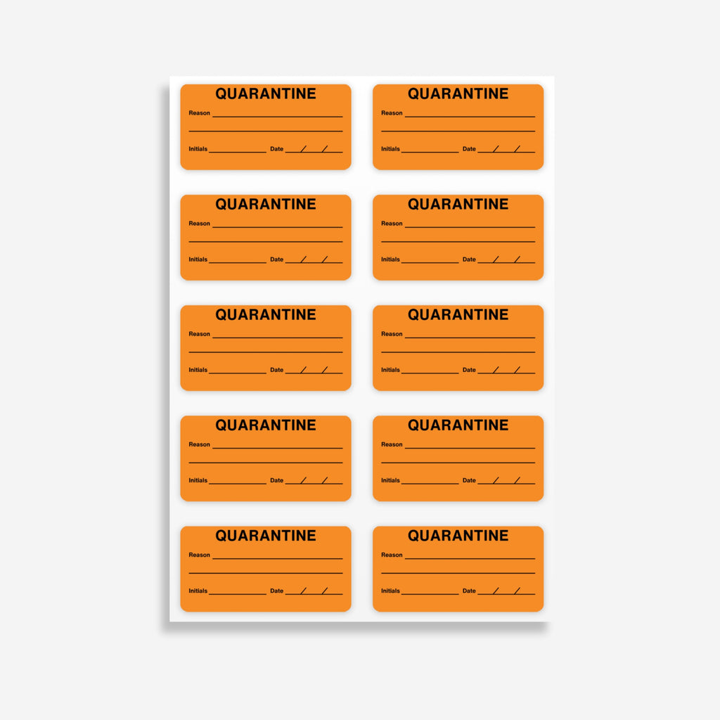 Sheet of BSL 115 quarantine labels laid flat showing 10 orange labels per sheet with Quarantine header and reason initials date fields clearly visible