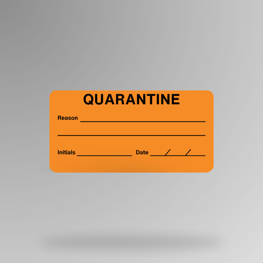 BSL 115 quarantine label in orange shown upright, with bold Quarantine header and fields for reason, initials, and date on a high visibility orange background