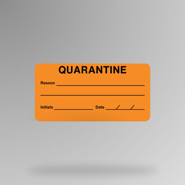 BSL 115 quarantine label in orange shown upright, with bold Quarantine header and fields for reason, initials, and date on a high visibility orange background