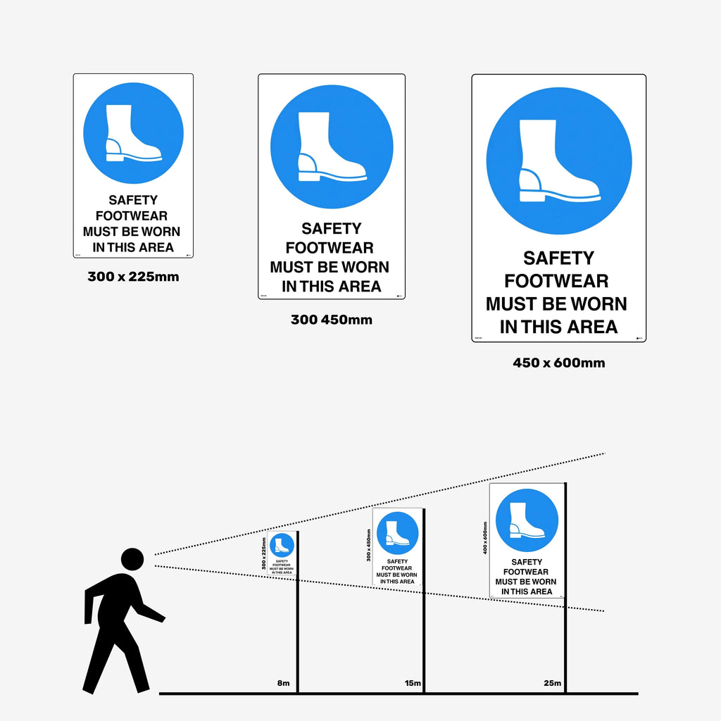 Layflat view of BSS 003 mandatory sign featuring blue circular background with white safety boot icon and readable text for workplace foot protection requirements