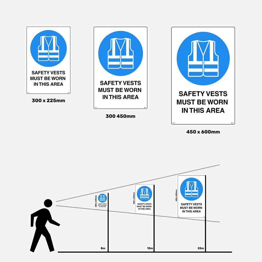 Layflat view of BSS 004 mandatory sign displaying blue circular background with white safety vest icon and clear text for workplace visibility requirements